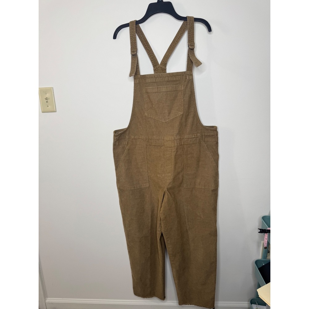 Aerie Womens Brown Corduroy Overalls XL Stretch Raw Hem Bib Dungarees Tan